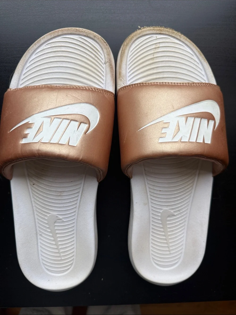 Nike Slides in Metallic Rose Gold and White